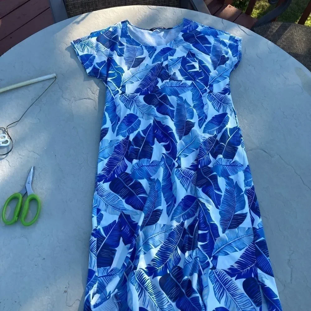 Land’s End navy bright blue white abstract palm print Cotton midi dress SP